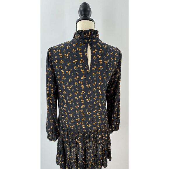 Zara Black Orange Gold Floral Ruffle Mini Dress Long Sleeve Print Cottagecore S - Picture 3 of 7